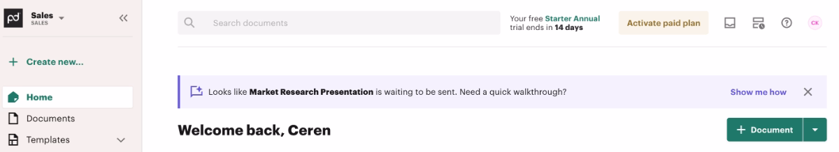 PandaDoc’s walkthrough prompt.