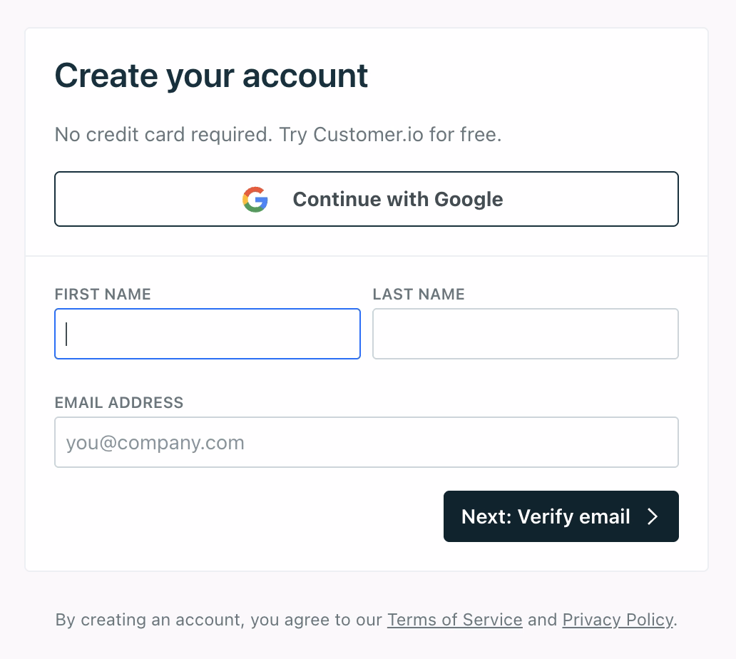 Customer.io’s signup screen.