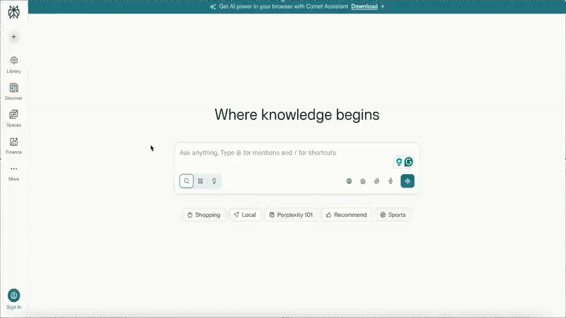 Perplexity’s recommended search options.