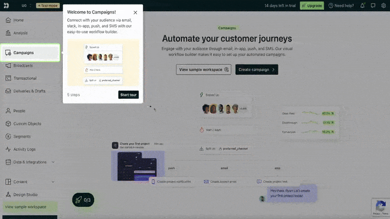 An example interactive guide from Customer.io’s onboarding flow.