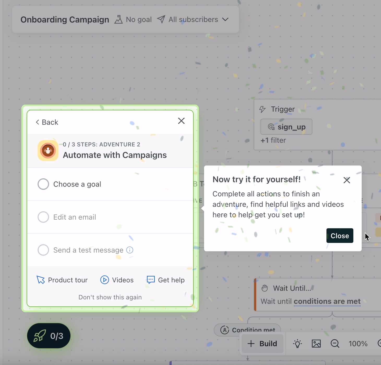 Customer.io’s end-of-tutorial recommended actions.