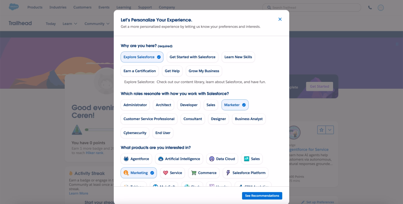 Salesforce Trailhead role-based personalization.