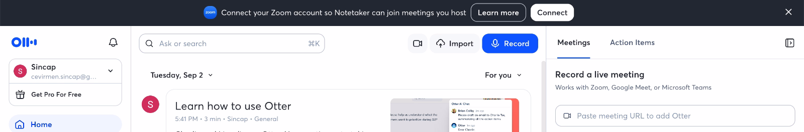 Otter.ai’s banner for Zoom integration.