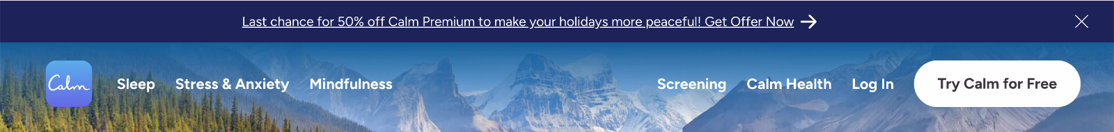 Calm’s holiday season discount banner with friendly and motivating copy.