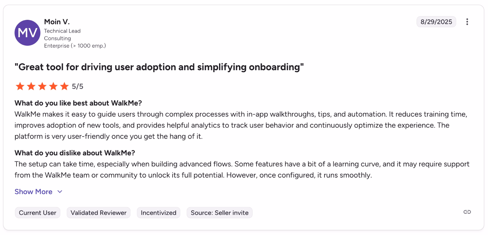 A G2 review about WalkMe’s pros and cons. The user likes the platform’s onboarding and guidance capabilities. However, they’re critical about the learning curve.