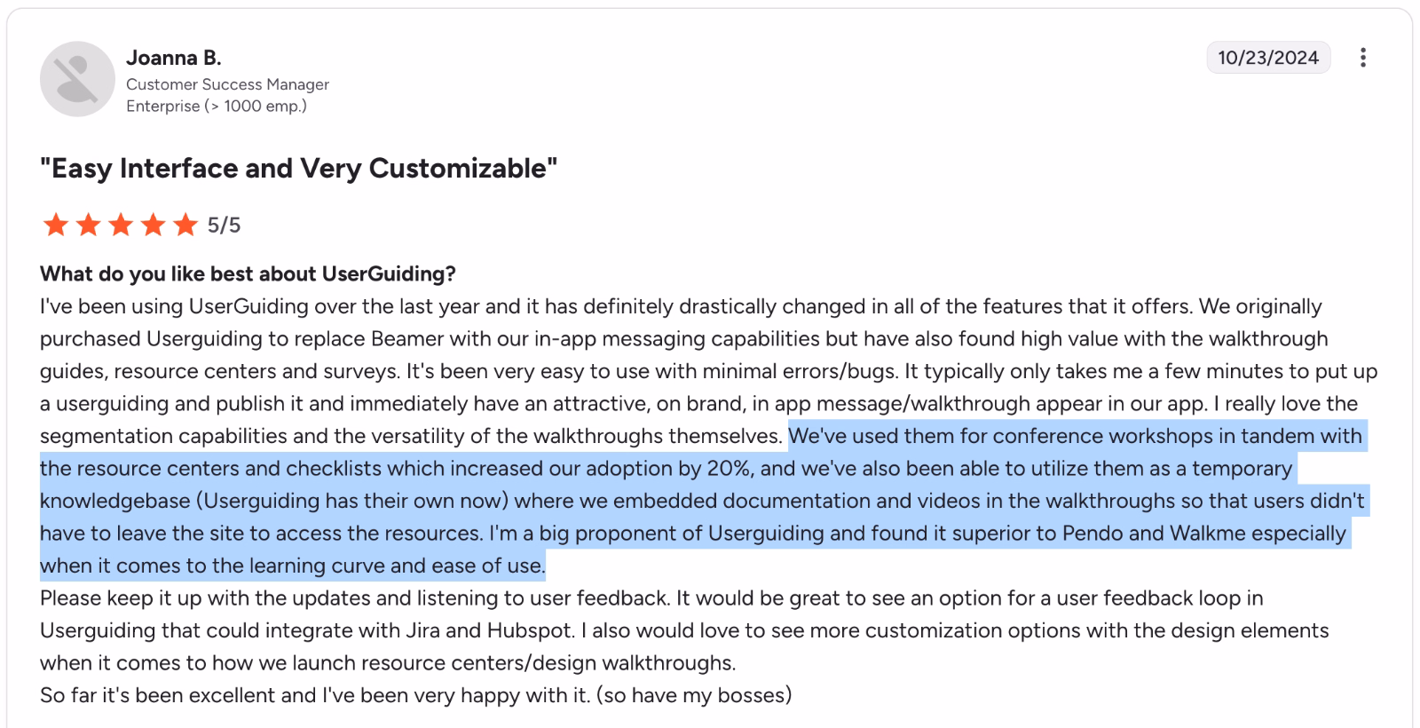 A G2 review about UserGuiding. The user compares UserGuiding, Pendo, and WalkMe in terms of their learning curves and ease of use and finds UserGuiding much easier to use.