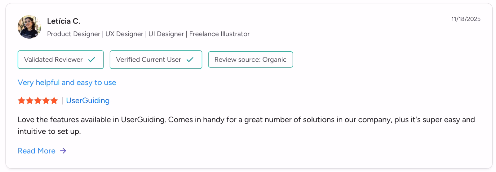 A G2 review about UserGuiding.The user appreciates the varied capabilities UserGuiding offers in one platform.