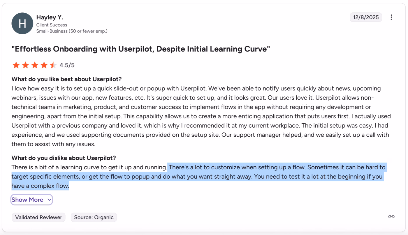 A G2 review about the pros and cons of Userpilot. The user states that it’s common to experience frictions with flow editors when designing detailed and complex flows.