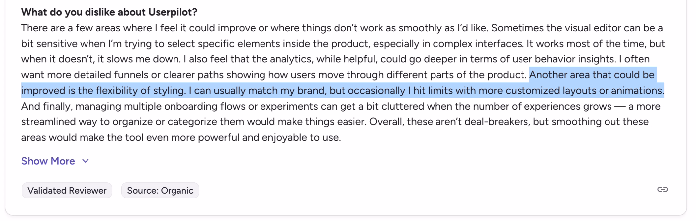 A G2 Review about the cons of Userpilot. The customer is unhappy with the limited customization and styling options, the clunkiness of the visual editor, and the report detail level.