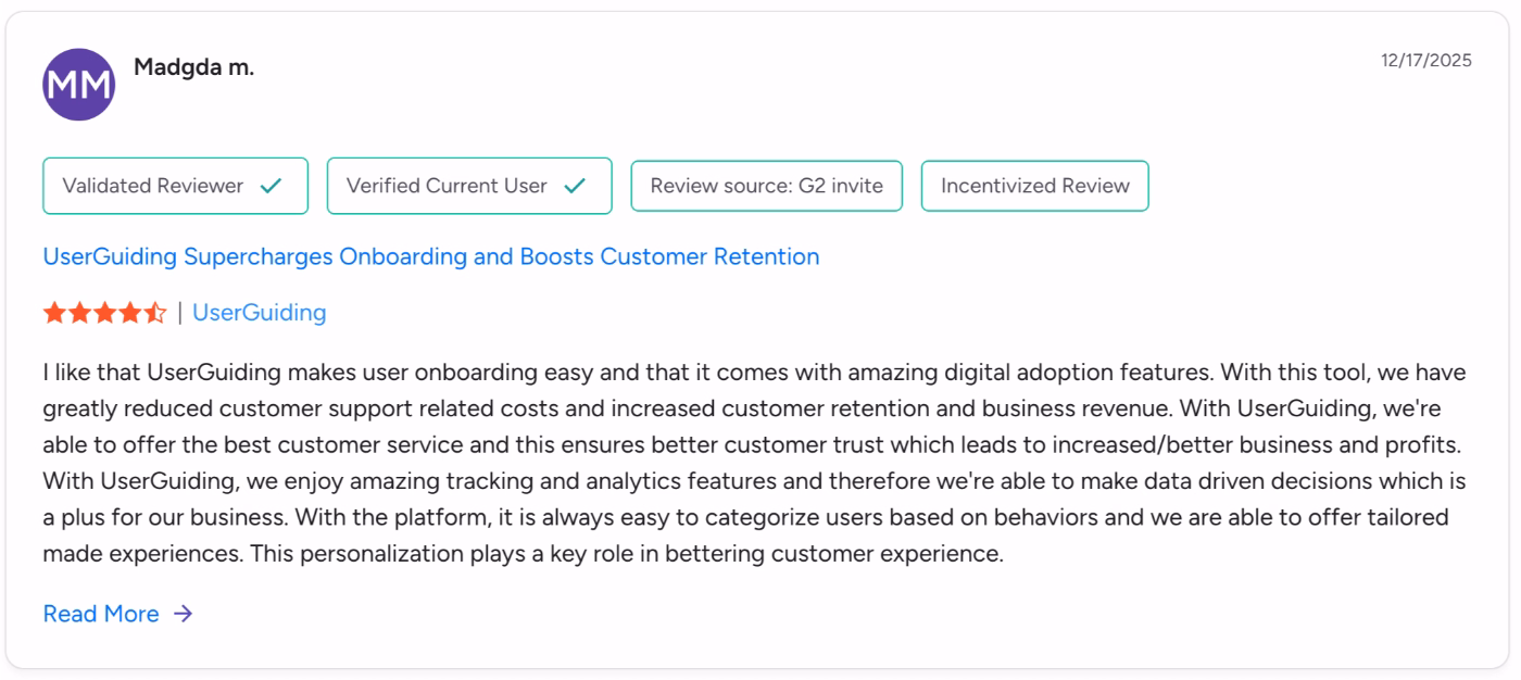A G2 review about UserGuiding’s comprehensive toolkit that supports different use cases.