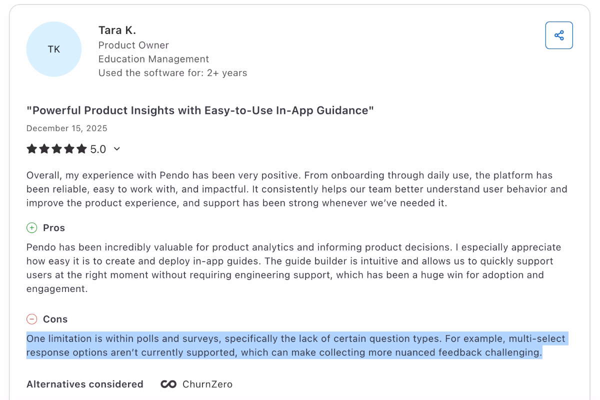 A Capterra review about the pros and cons of Pendo. The user is not happy with the available survey question types.