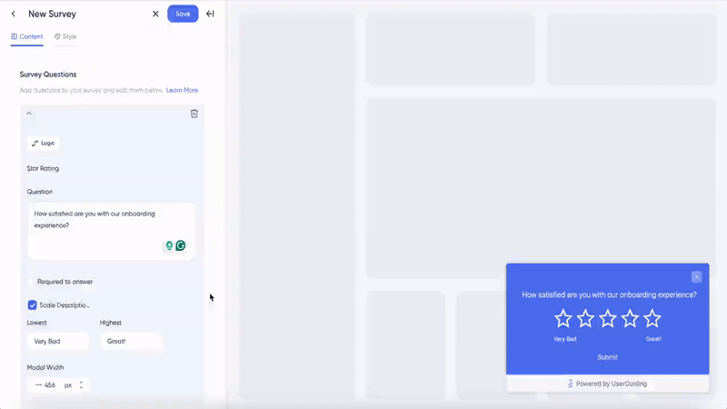UserGuiding survey question types.