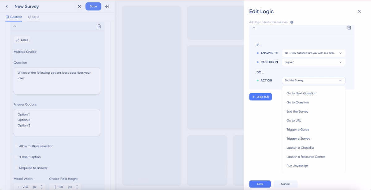 UserGuiding survey logic editor.