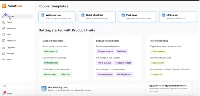 A screenshot of Product Fruits’ interface and home page.