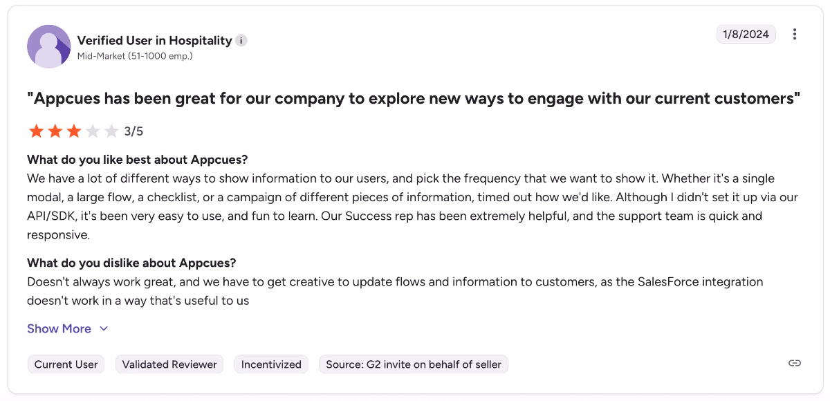 A G2 review about Appcues’ in-app communication features.