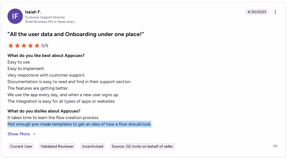 A G2 review about Appcues’ limited template gallery.