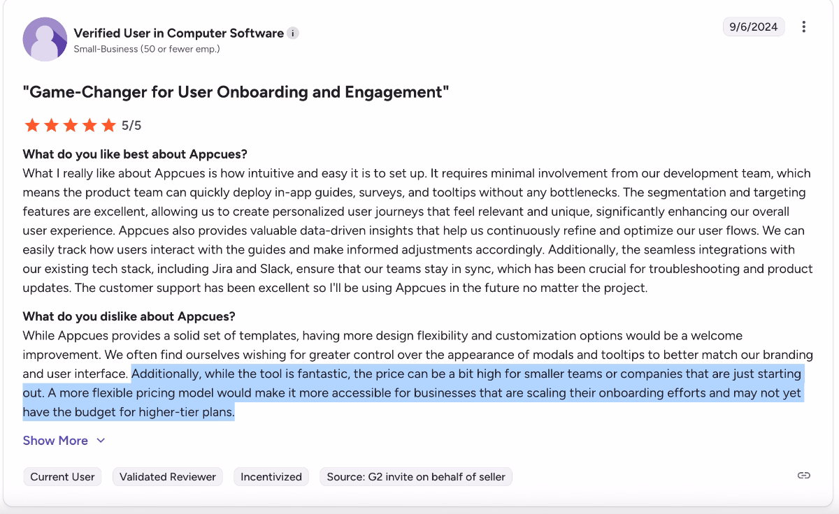 A G2 review about Appcues’ pricing.