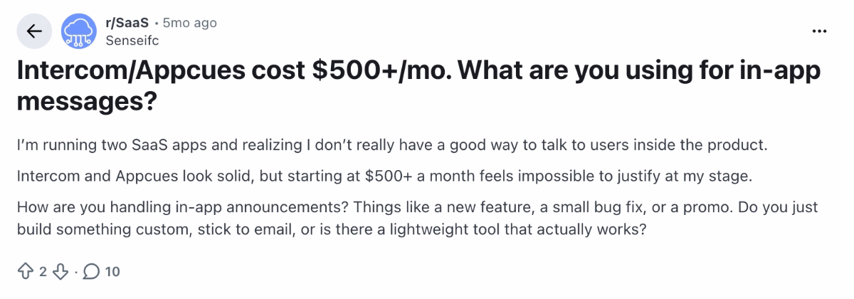 A Reddit entry asking for alternatives to Appcues due to its high costs.