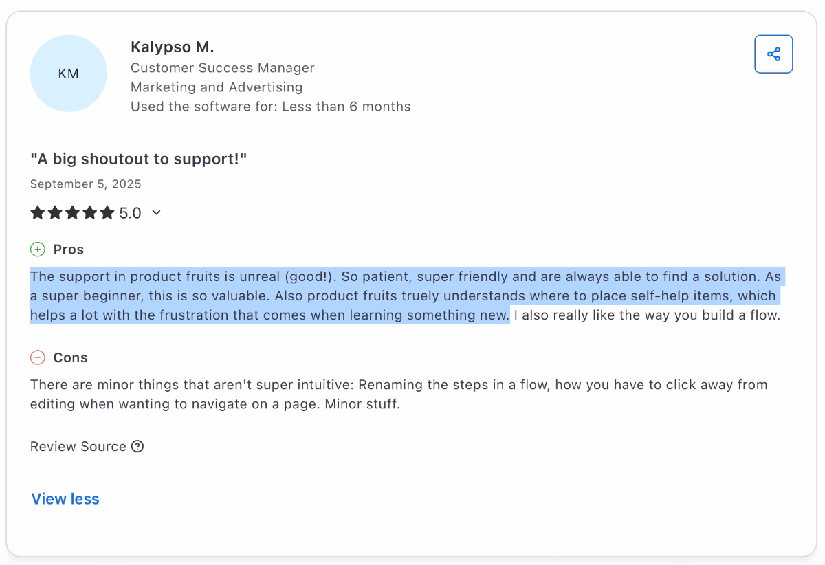 A Capterra review about Product Fruits’ customer support and in-app user guidance.