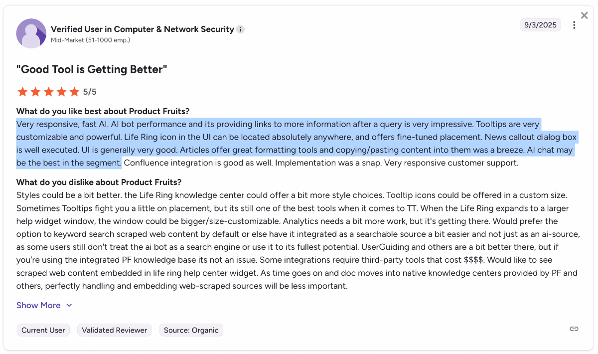 A G2 review about Product Fruits’ AI chatbot.