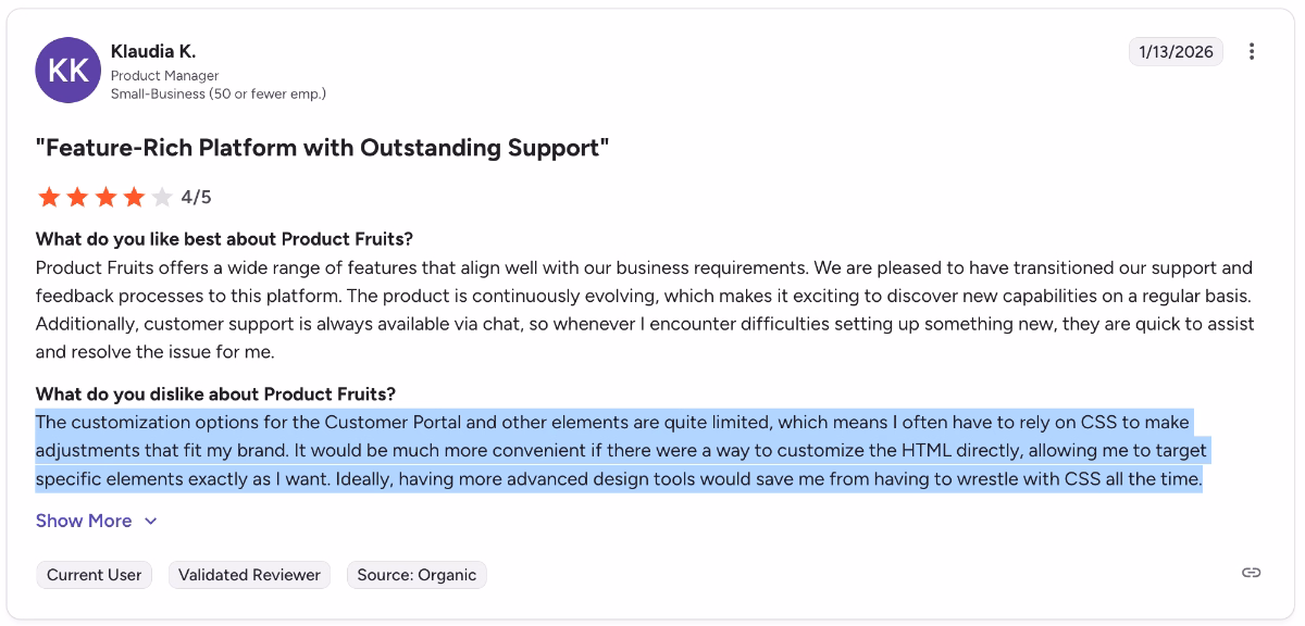 A G2 review about Product Fruits’ limited no-code customization capabilities in the editors.