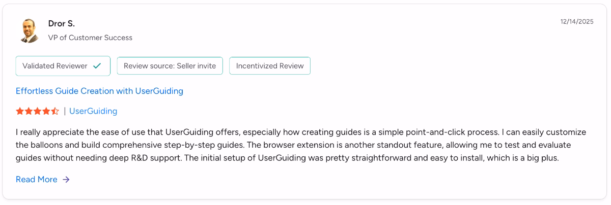A G2 review about UserGuiding’s editor.