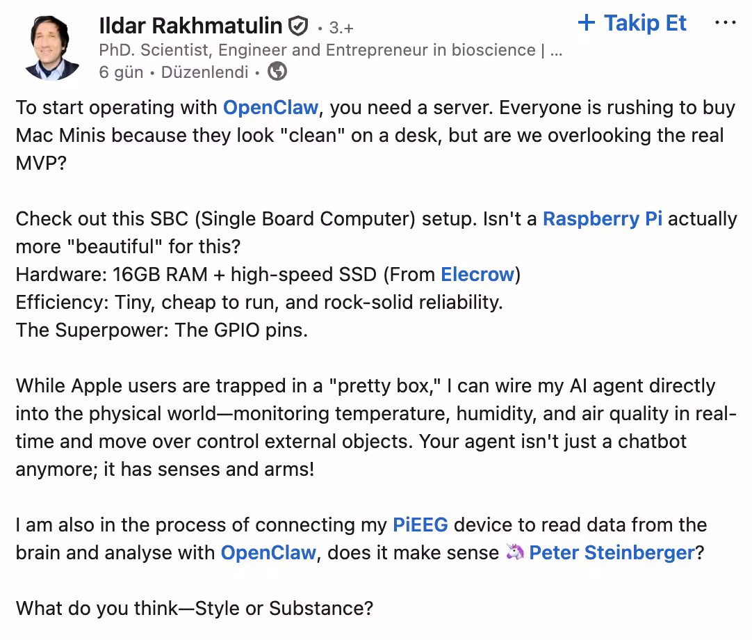 Ildar akhmatulin's LinkedIn post about OpenClaw.