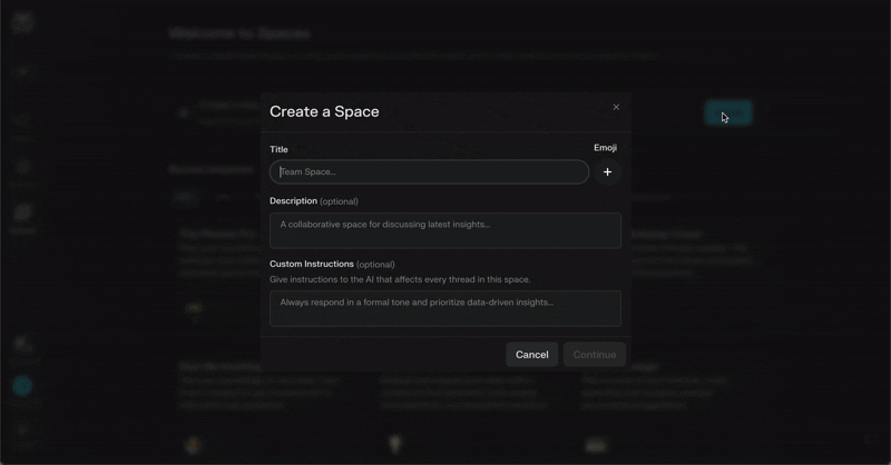 Perplexity's onboarding flow for creating a personalized space.