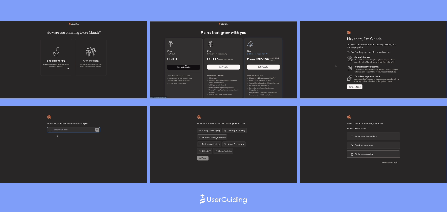Claude's sing-up flow with a welcome survey.