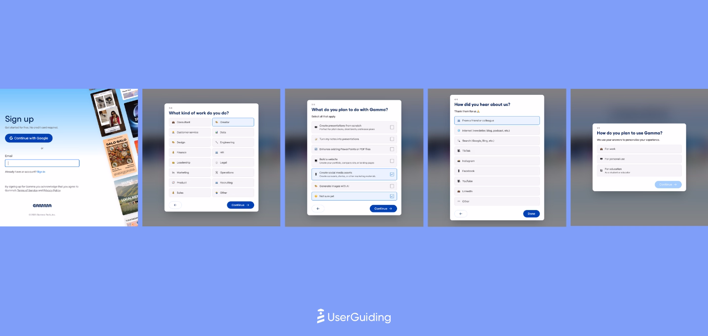 Gamma sign-up flow that incorporates a welcome survey.