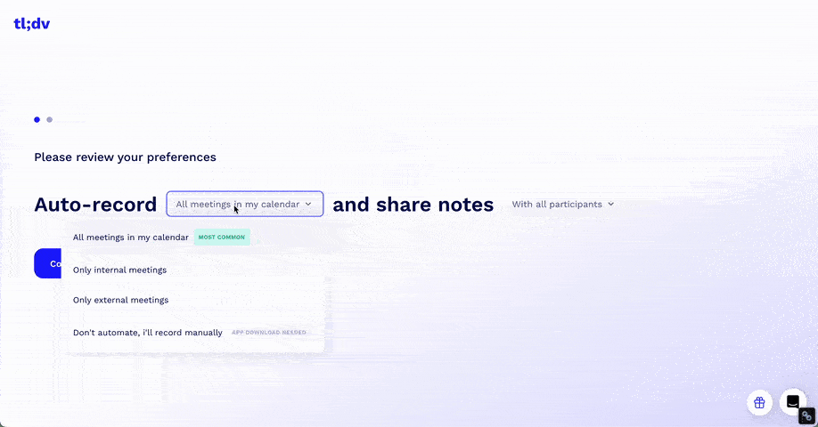 tl;dv's welcome survey that starts upon signing up.