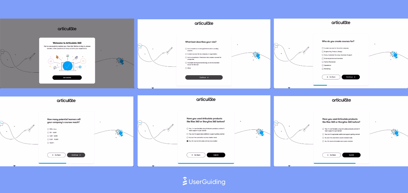 articulate's welcome survey that happens upon signing up.