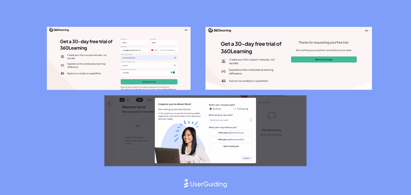 360Learning's sign up flow followed by a mini welcome survey.
