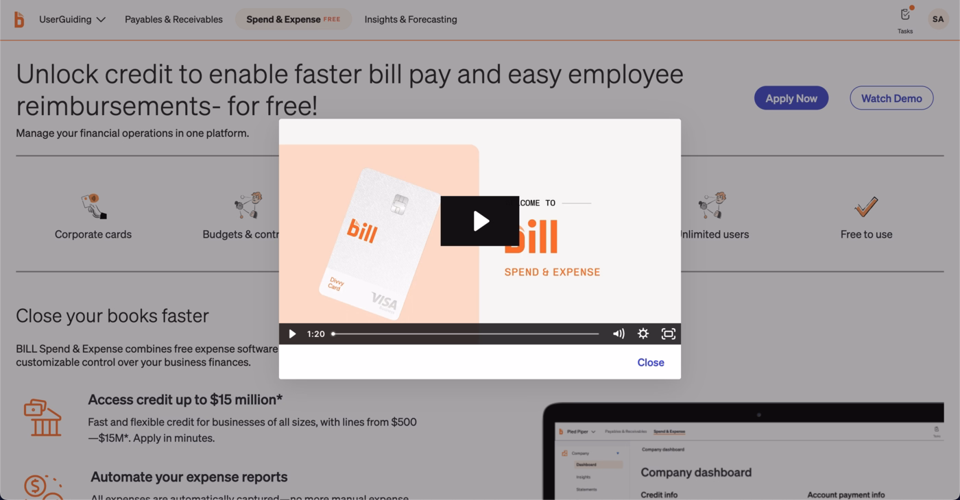 An example of BILL's video walkthrough pop-up.