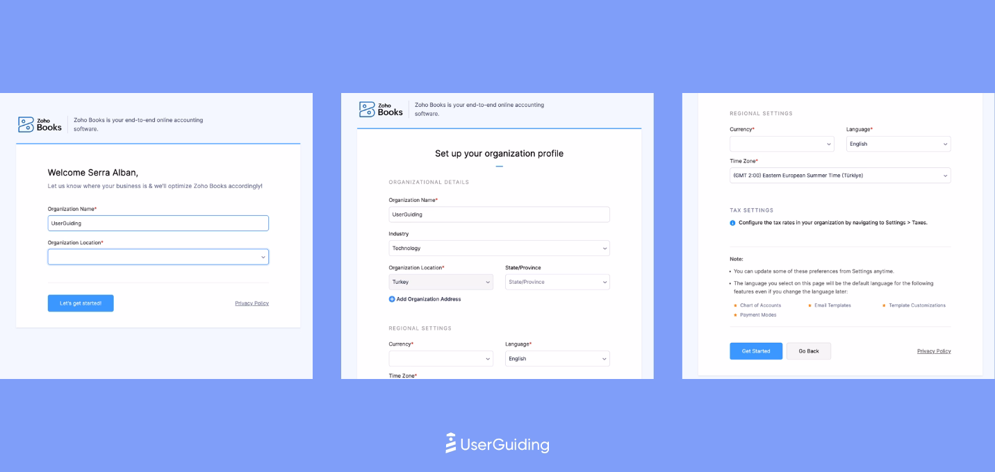 Zoho Books' sign up flow accompanied with a welcome survey.