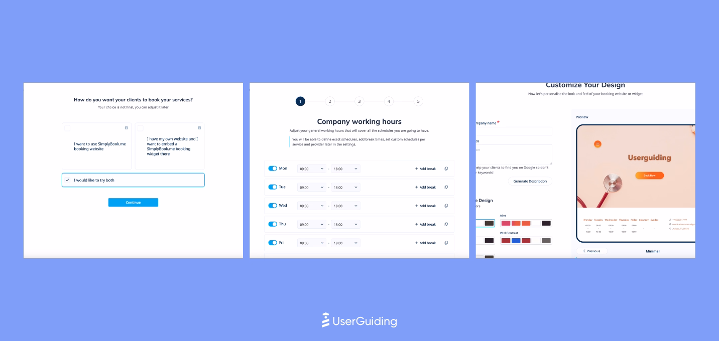 Simplybook.me's sign up process with a welcome survey and customization options.