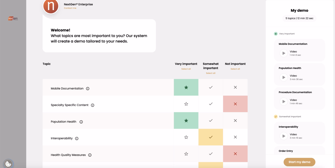 NextGen's survey that segments the onboarding for each user.