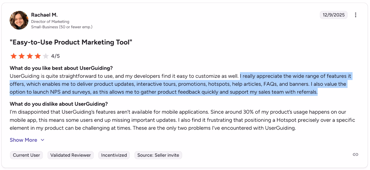 A G2 review about UserGuiding’s rich features and use cases.