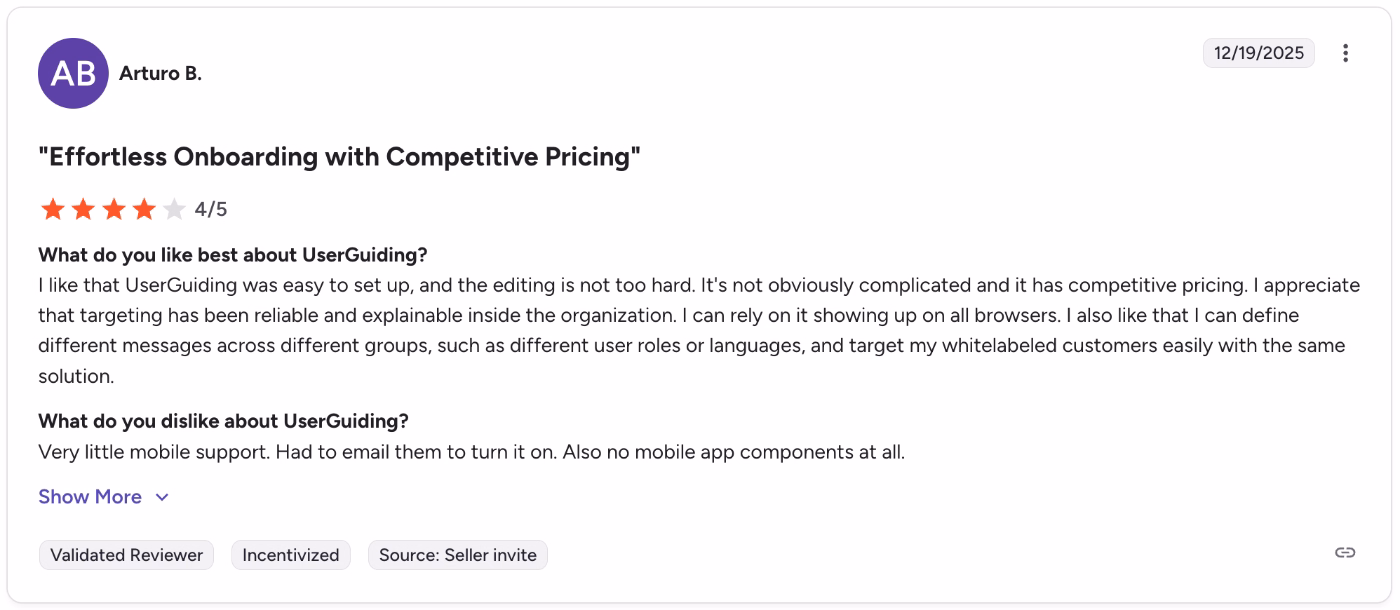 A G2 review about UserGuiding’s reliable segmentation and page targeting capabilities.