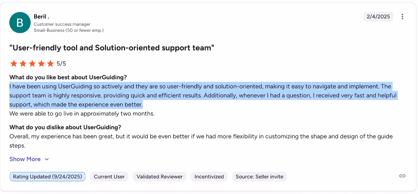 A G2 review about UserGuiding’s customer support.