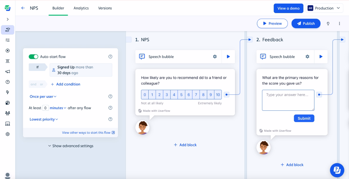 Userflow NPS survey builder.