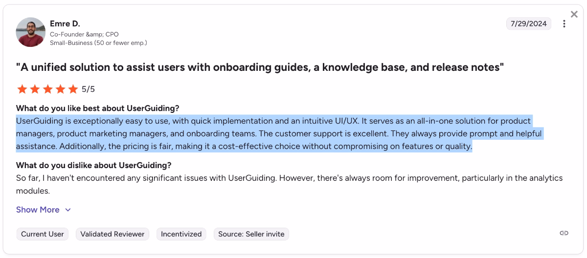 A G2 review about UserGuiding’s cost-effectiveness and performance.
