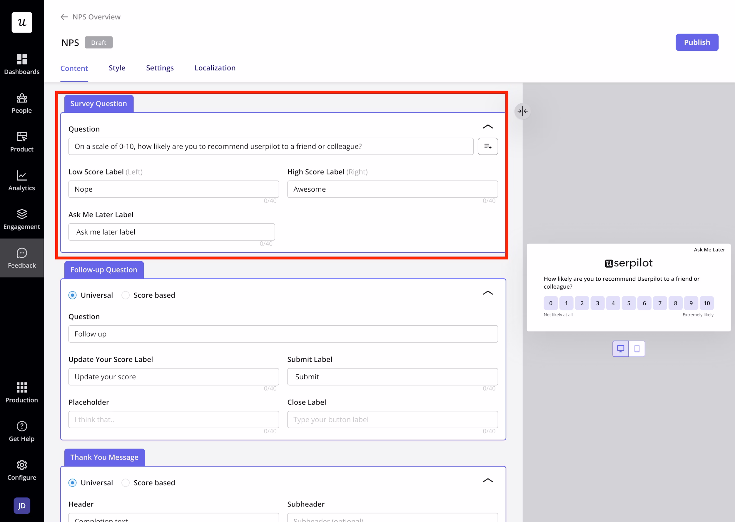 Userpilot NPS survey builder.