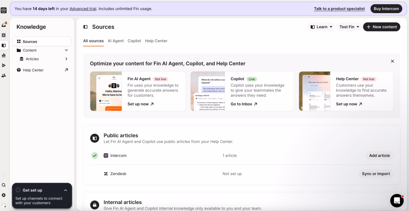 Intercom knowledge base feature.