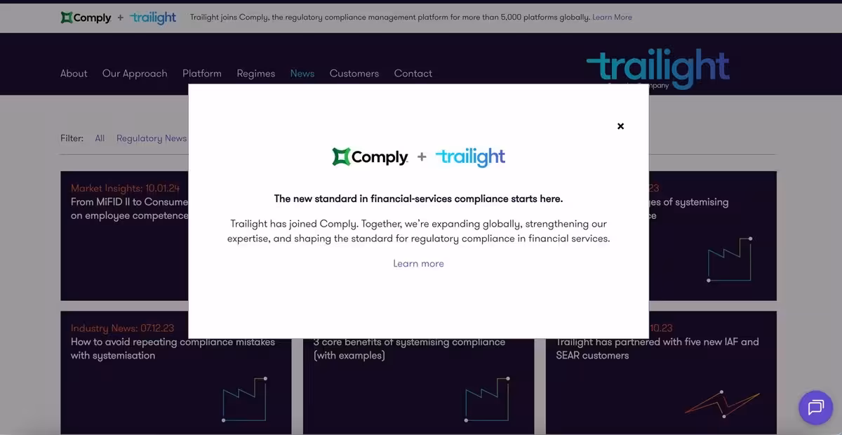 Trailight’s pop-up announcement modal on their Product News page.