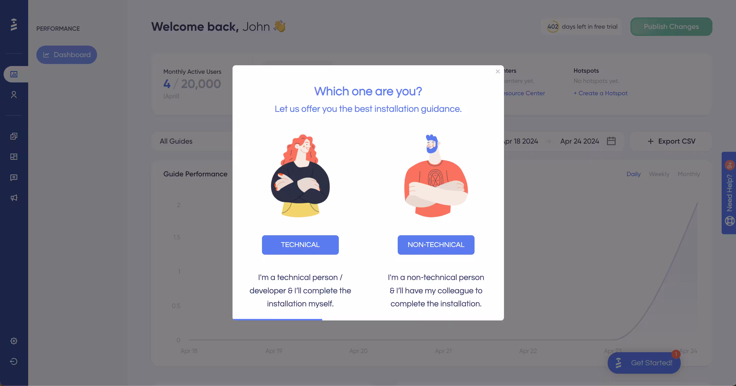 UserGuiding onboarding welcome screen where users choose a technical or non-technical persona