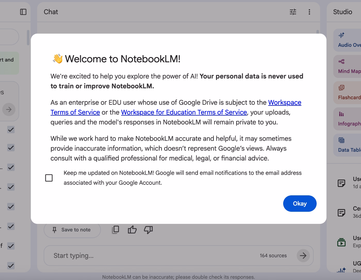 Notebook LLM’s popup announcement modal with data security and compliance information.