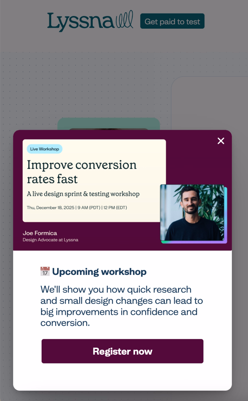 Lyssna’s webinar announcement slideout.