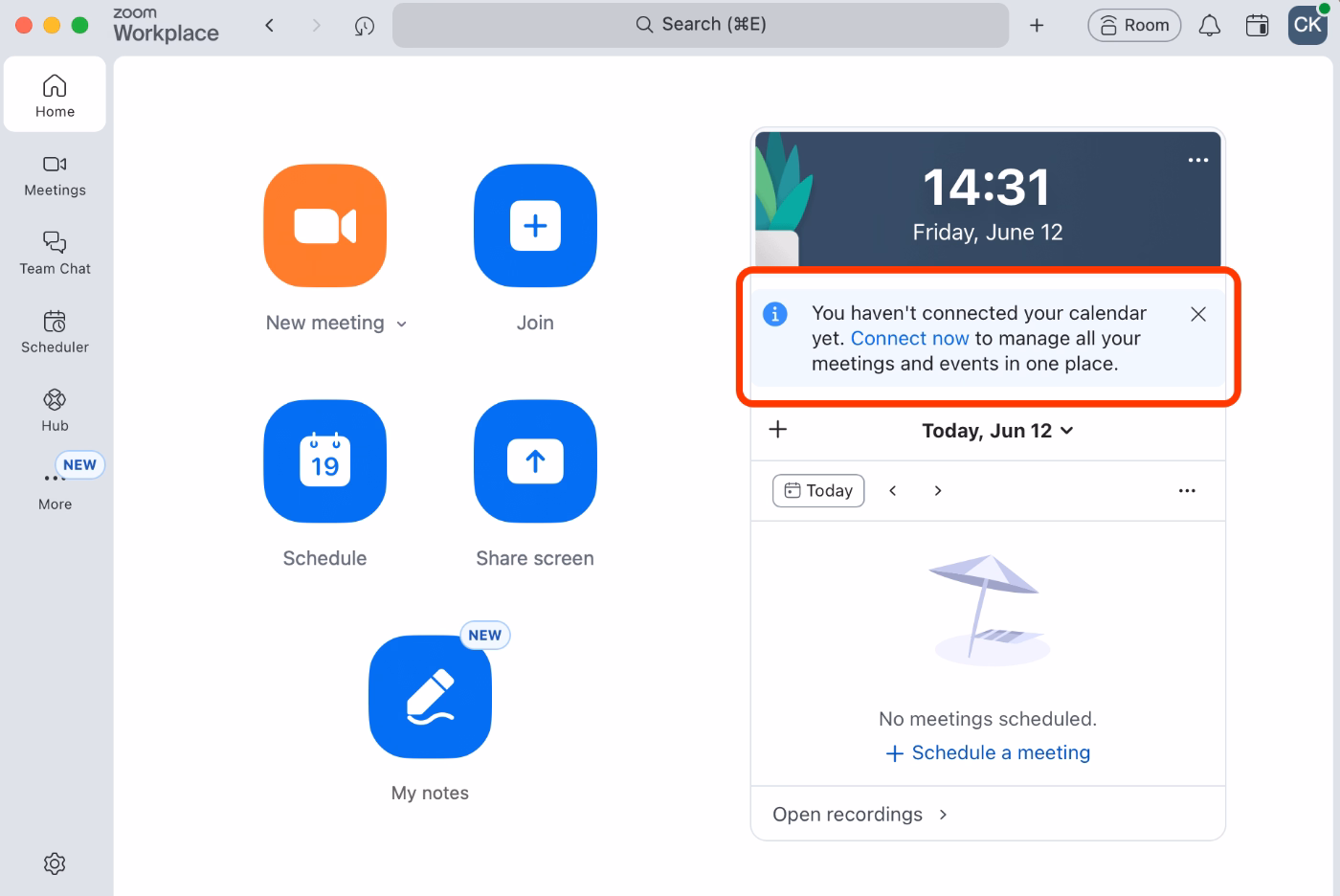 Zoom’s reminder for connecting your calendar with the platform.