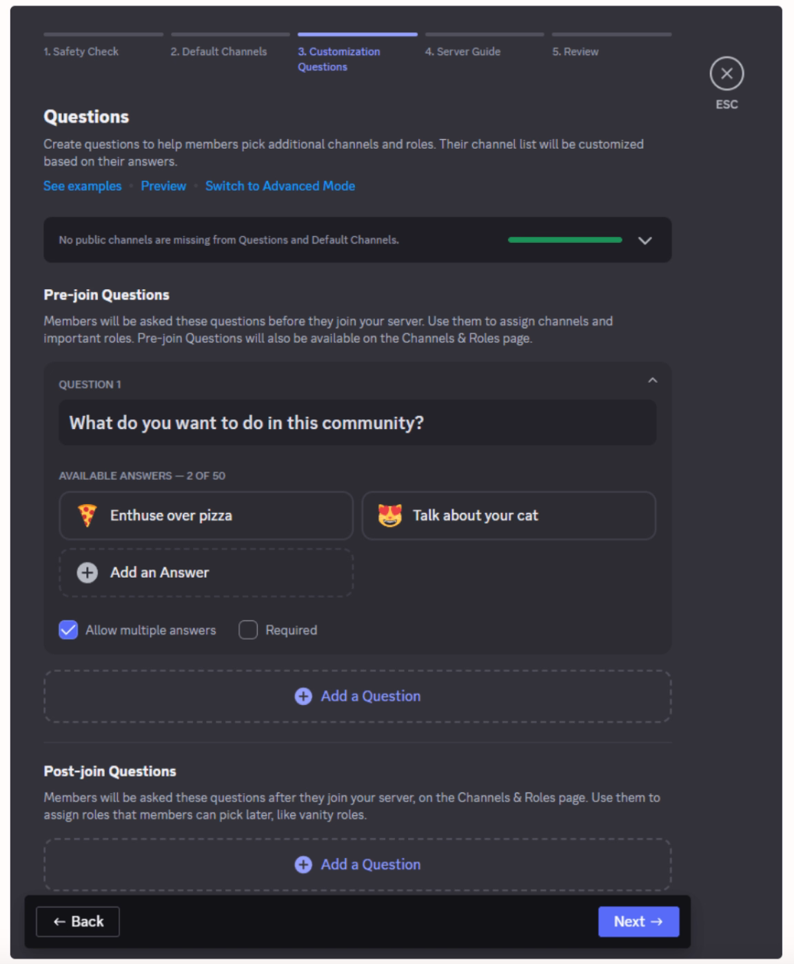 Discord’s server onboarding creation screen.